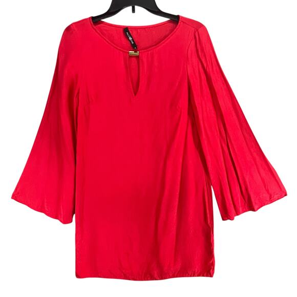 Alice Trixie NYC Silk Shift Dress M Cherry Red Keyhole Neck Bell Sleeve Cocktail - Picture 2 of 15